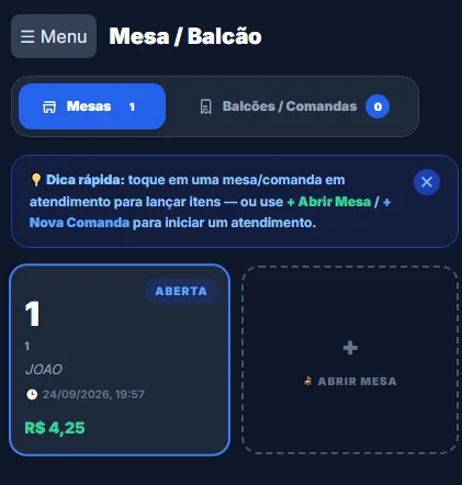 Tela de mesas no celular com opção de abrir mesa