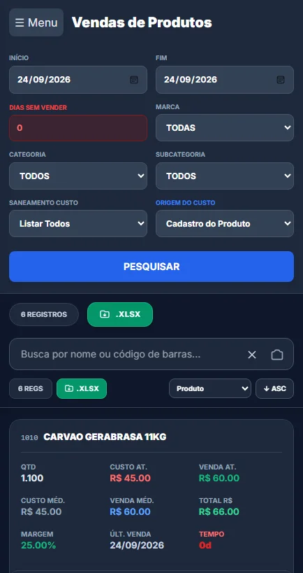 Relatório de vendas de produtos com custo e margem no celular